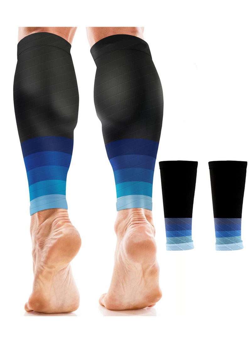 Sweet seven Calf Support Compression Sleeves (Pair) for Men, Women | Running, 20-30mmHg Class 2 | Shin Splints Relief, Muscle Pain, Cramps | L-XL, Black w/Blue  - Image 1