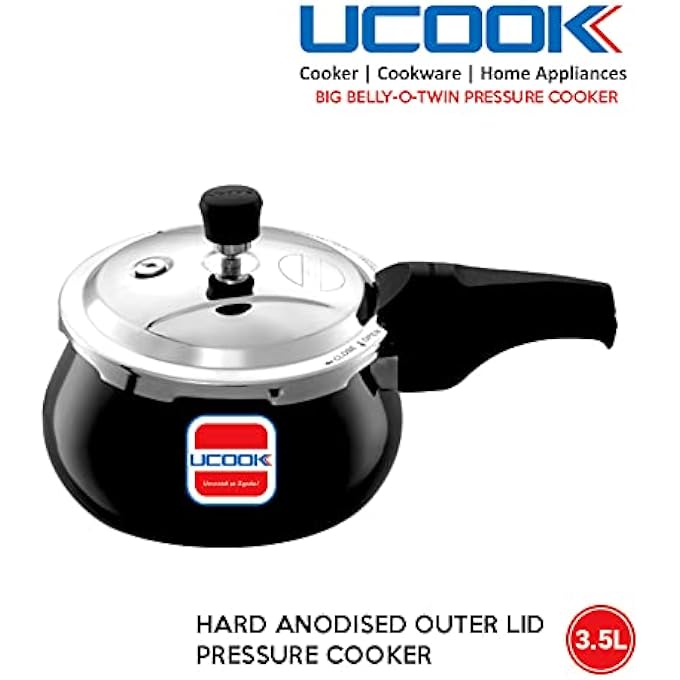 UCOOK By United Ekta Group Big BellyOTwin Hard Anodised Outer Lid Induction Pressure Cooker With Stainless Steel Lid 35 Litre Black - Image 3