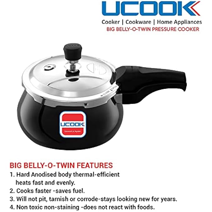 UCOOK By United Ekta Group Big BellyOTwin Hard Anodised Outer Lid Induction Pressure Cooker With Stainless Steel Lid 35 Litre Black - Image 5