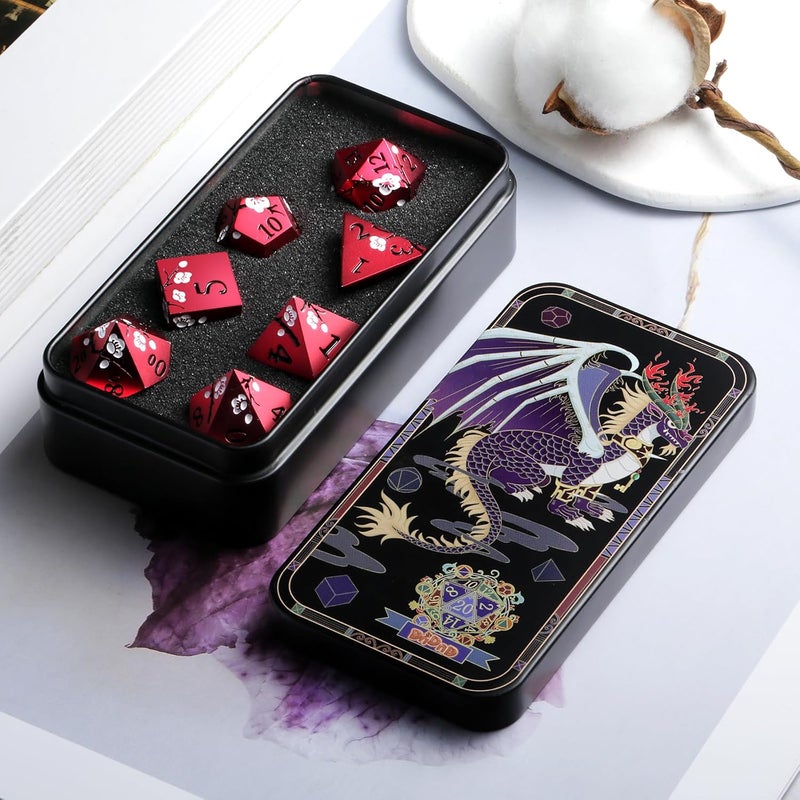 DNDND Matt Red DND Metal Dice, 7 PCS Heavy Metallic D&D Dice Set with Gorgeous Gift Case for Dungeons and Dragon Tabletop Game (Matte Red with White Flower) - Image 4