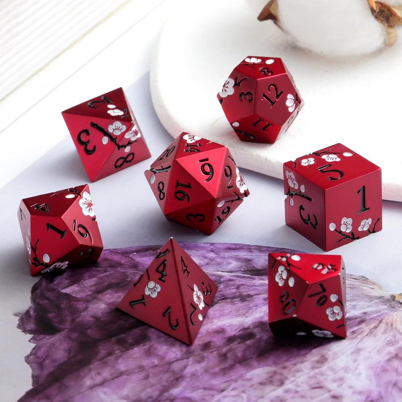 DNDND Matt Red DND Metal Dice, 7 PCS Heavy Metallic D&D Dice Set with Gorgeous Gift Case for Dungeons and Dragon Tabletop Game (Matte Red with White Flower) - Image 3