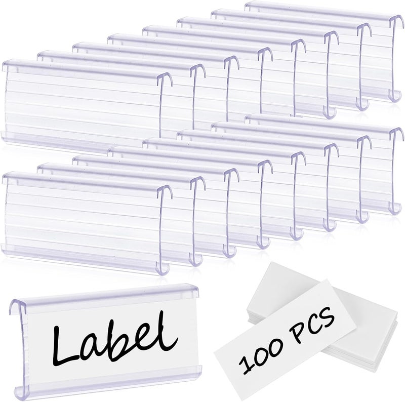 Meetory 100 Pcs Wire Shelf Label Holder with Paper Inserts, Compatible with 1-1/4 Inch Shelves, Plastic Shelf Tags for Wire Shelving Label Clips with Label Paper Removable Wire Rack Label Holder Display Clip - Image 1