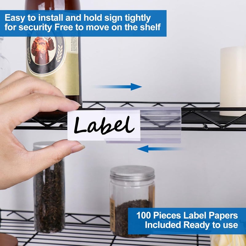 Meetory 100 Pcs Wire Shelf Label Holder with Paper Inserts, Compatible with 1-1/4 Inch Shelves, Plastic Shelf Tags for Wire Shelving Label Clips with Label Paper Removable Wire Rack Label Holder Display Clip - Image 4