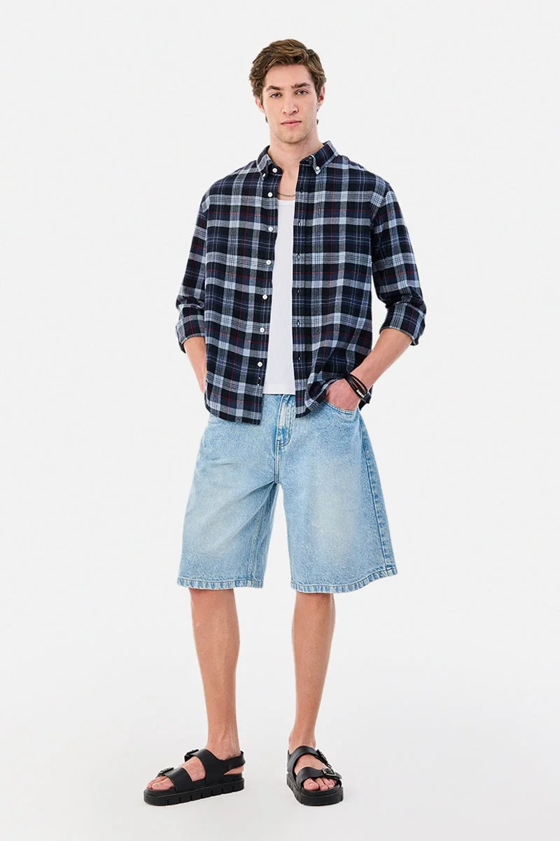 سنيتش Navy Checkered Long Sleeve Regular Fit Shirt