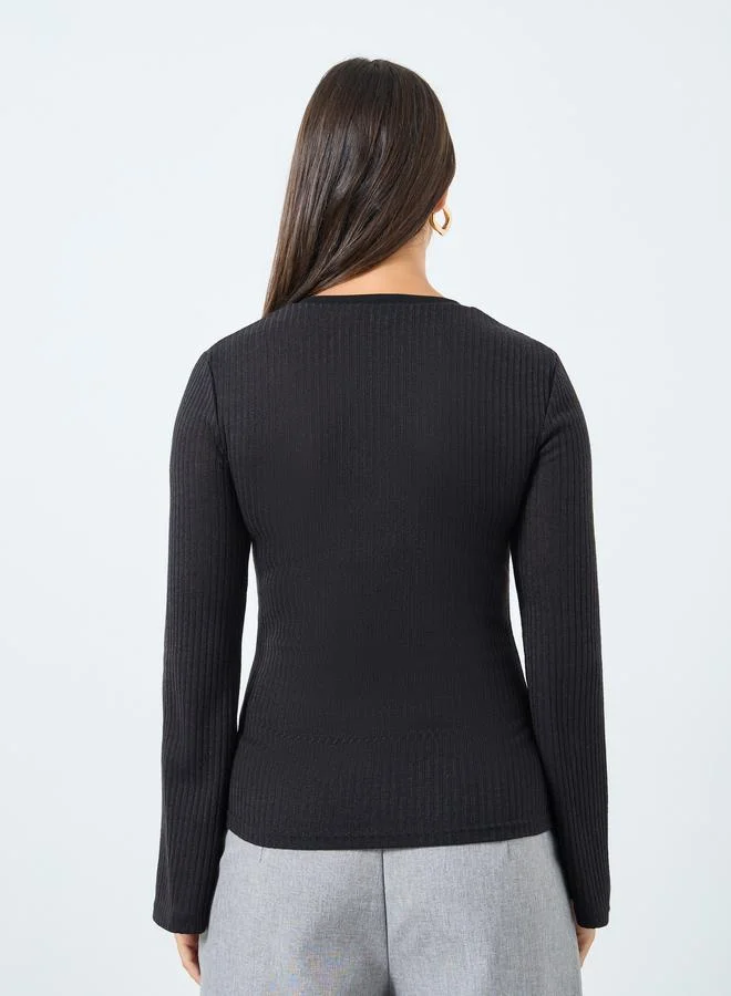 Styli  Styli Black Textured Knit Henley Neck Fitted T-Shirt for Women | Best Price UAE
