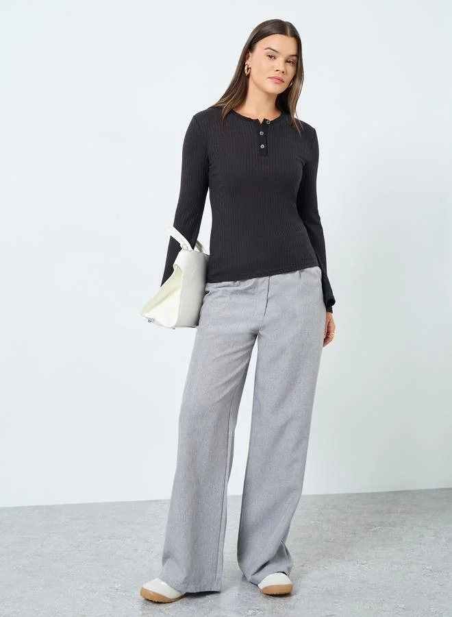 Styli Styli Black Textured Knit Henley Neck Fitted T-Shirt