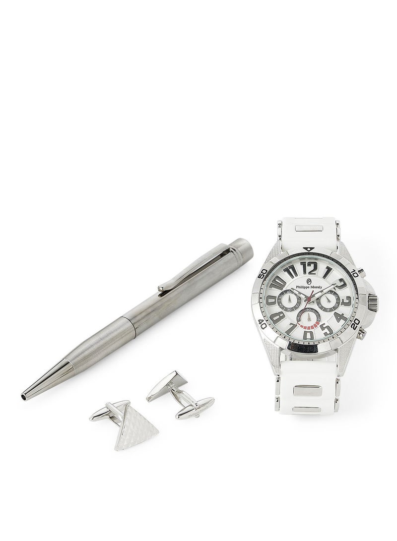 Philippe Moraly of Switzerland طقم هدايا ساعة وقلم وأزرار أكمام RC14551010072W - 45.5 مم - أبيض  - Image 1
