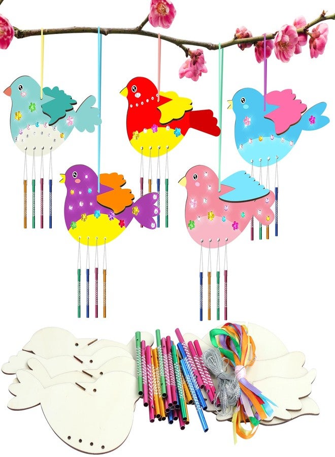 TREACLUB 10Pack 3D Bird Wind Chime Kit for Kids Spring Make Your Own Bird Wind Chime Make a Wind Chime Kit DIY Coloring Wooden Arts and Crafts for Girls Boys Toddles Home Garden - Image 1