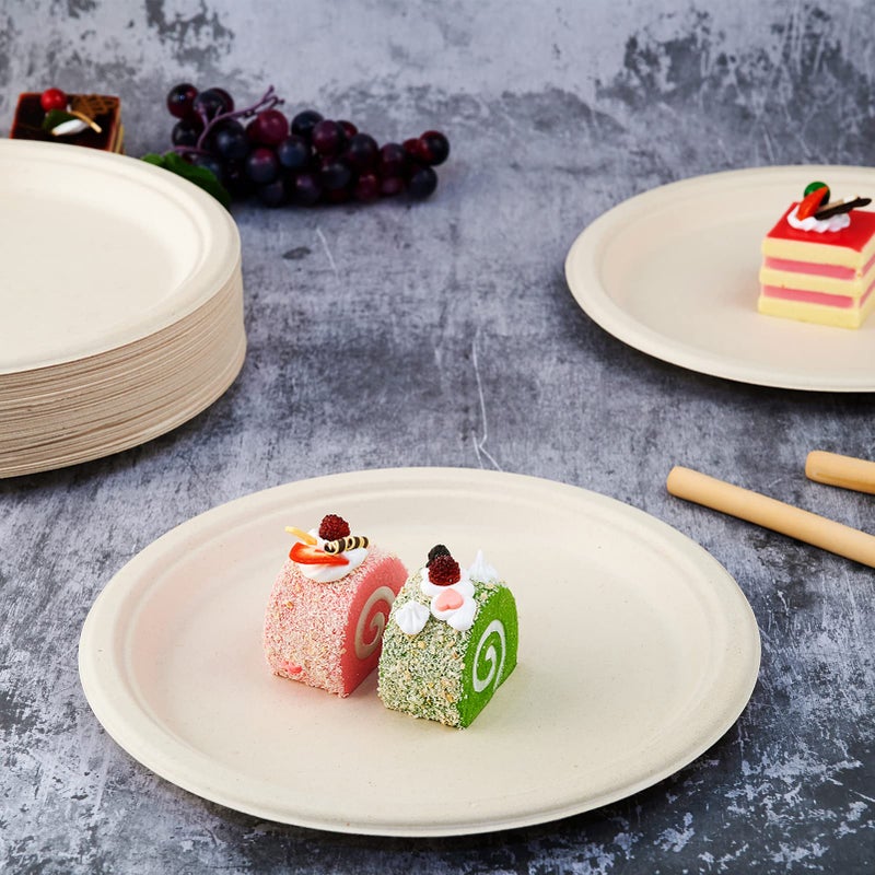 Vplus 150 Pack Compostable Disposable Paper Plates 10 inch Super Strong 100% Bagasse Natural Biodegradable Eco-Friendly Sugarcane Plates(nature) - Image 2