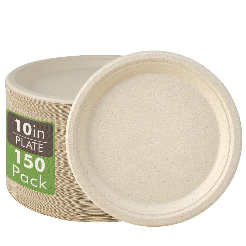 Vplus 150 Pack Compostable Disposable Paper Plates 10 inch Super Strong 100% Bagasse Natural Biodegradable Eco-Friendly Sugarcane Plates(nature) - Image 1
