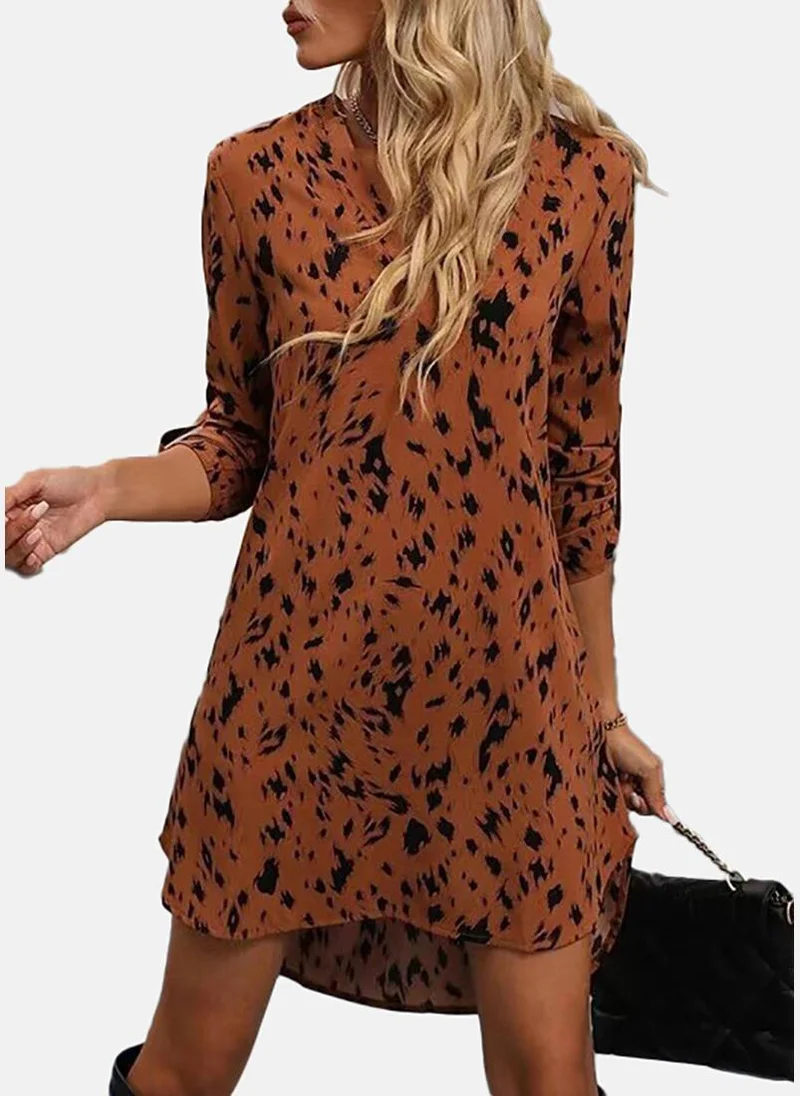 يونيكي Brown Animal Skin Printed V-Neck Roll Up Sleeves A-Line Dress