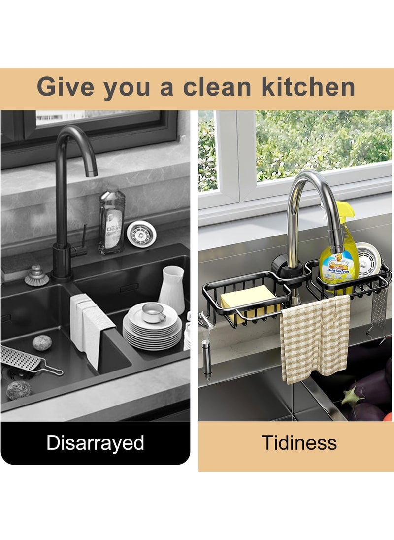 Faucet Rack, Aluminum Alloy Faucet Sponge Holder, Detachable Faucet Caddy Organizer for Kitchen & Bathroom, Double Kitchen Faucet Shelf for Holding Sponge/Soap/Shampoo/Rag (Black) - Image 3