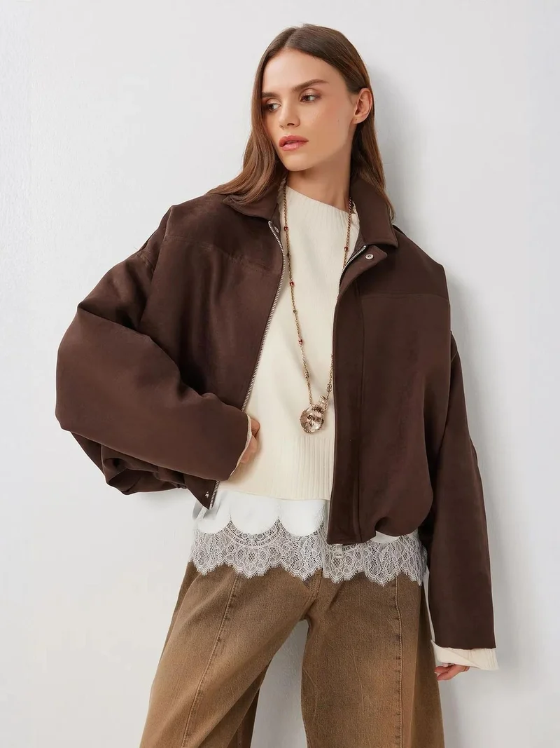 Lovely Istanbul ISTANBUL Suede Bomber Jacket with Zipper Closure