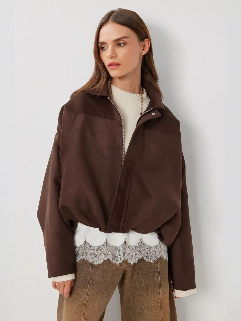 Lovely Istanbul ISTANBUL Suede Bomber Jacket with Zipper Closure