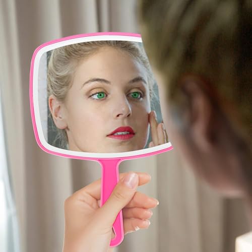 DVHOK Handheld Mirror, Portable Hand Mirror with Hanging Hole in Handle, Pink 10.4" L x 7.4" W - Image 4