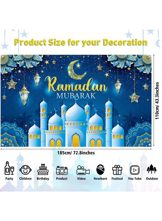 Boyiee Ramadan Mubarak Decorations Backdrop Banner Muslim Ramadan Kareem Background Eid Mubarak Sign Photo Booth Backdrop Background for Home Muslim Ramadan Eid Al Fitr Party Supplies (Blue) - Image 2