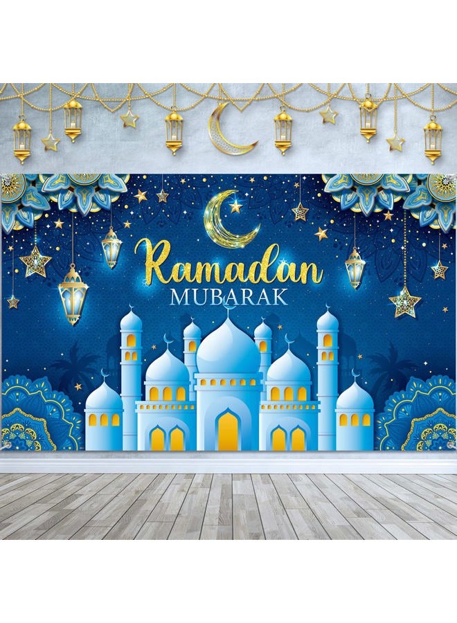 Boyiee Ramadan Mubarak Decorations Backdrop Banner Muslim Ramadan Kareem Background Eid Mubarak Sign Photo Booth Backdrop Background for Home Muslim Ramadan Eid Al Fitr Party Supplies (Blue) - Image 1