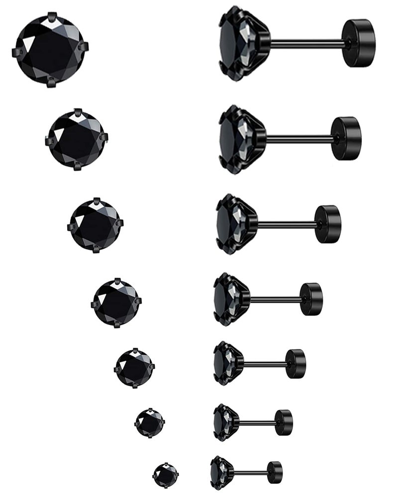 MJust Hypoallergenic Flat Back Earrings for Women & Men, 7 Pairs Stainless Steel Stud Earrings with Flat Backs, Screw Back Cartilage Earrings Set with CZ for Sensitive Ears (Black) - Image 1