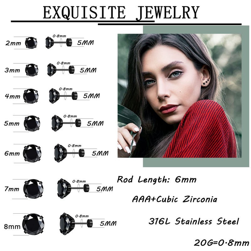 MJust Hypoallergenic Flat Back Earrings for Women & Men, 7 Pairs Stainless Steel Stud Earrings with Flat Backs, Screw Back Cartilage Earrings Set with CZ for Sensitive Ears (Black) - Image 3