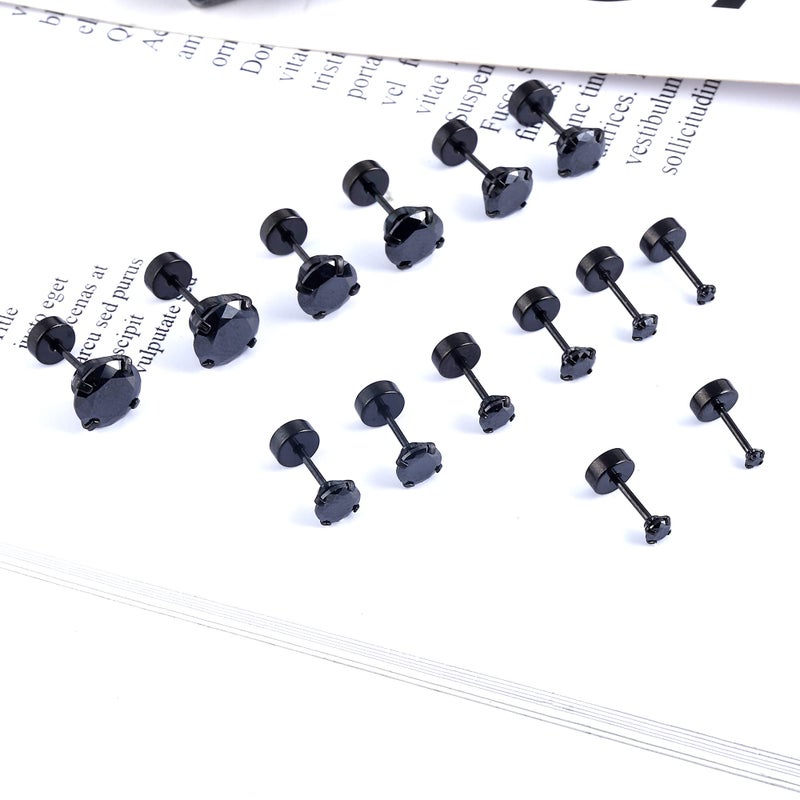 MJust Hypoallergenic Flat Back Earrings for Women & Men, 7 Pairs Stainless Steel Stud Earrings with Flat Backs, Screw Back Cartilage Earrings Set with CZ for Sensitive Ears (Black) - Image 4