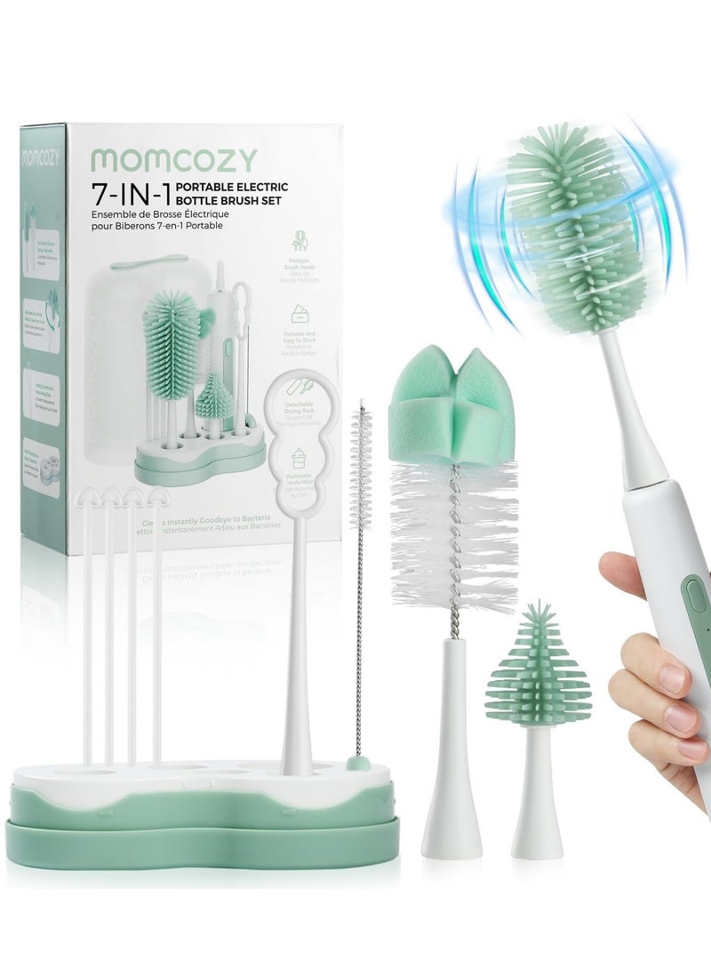 Momcozy مجموعة فرشاة زجاجة كهربائية 7 في 1، مجموعة تنظيف محمولة مع خلاط تركيبة، فرشاة سيليكون، فرشاة حلمة، فرشاة قشة، موزع صابون، رف تجفيف - عمر بطارية طويل للمنزل والسفر - Image 1