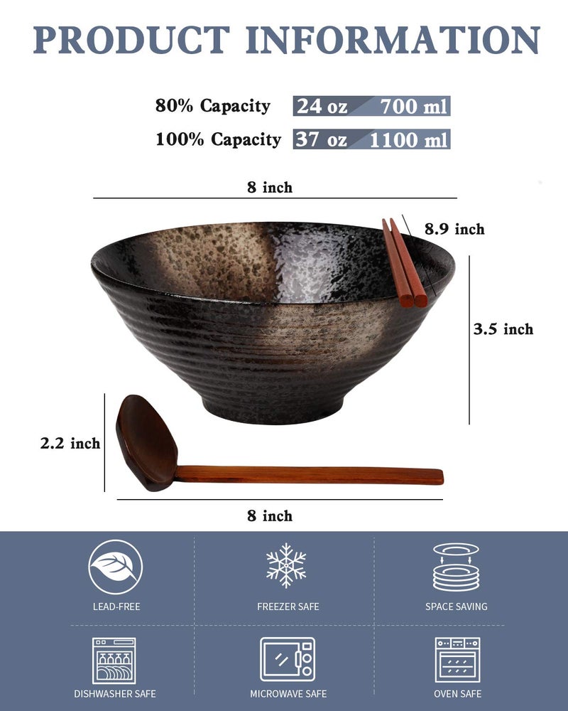 Kanwone Ceramic Japanese Ramen Bowl Set  Noodle Soup Bowls - 37 Ounce  with Matching Spoons and Chopsticks for Udon Soba Pho Asian Noodles  Set of 2  Black - Image 2