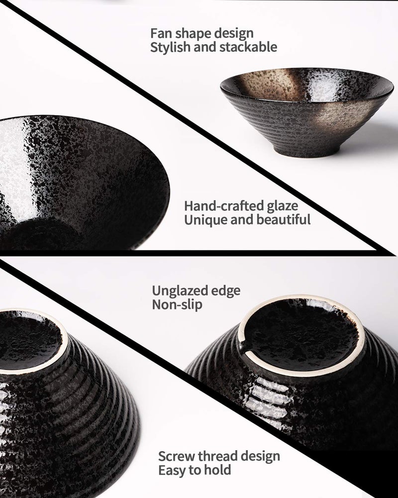 Kanwone Ceramic Japanese Ramen Bowl Set  Noodle Soup Bowls - 37 Ounce  with Matching Spoons and Chopsticks for Udon Soba Pho Asian Noodles  Set of 2  Black - Image 3