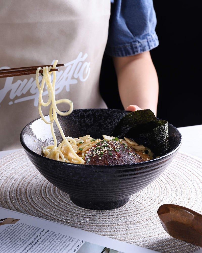 Kanwone Ceramic Japanese Ramen Bowl Set  Noodle Soup Bowls - 37 Ounce  with Matching Spoons and Chopsticks for Udon Soba Pho Asian Noodles  Set of 2  Black - Image 5