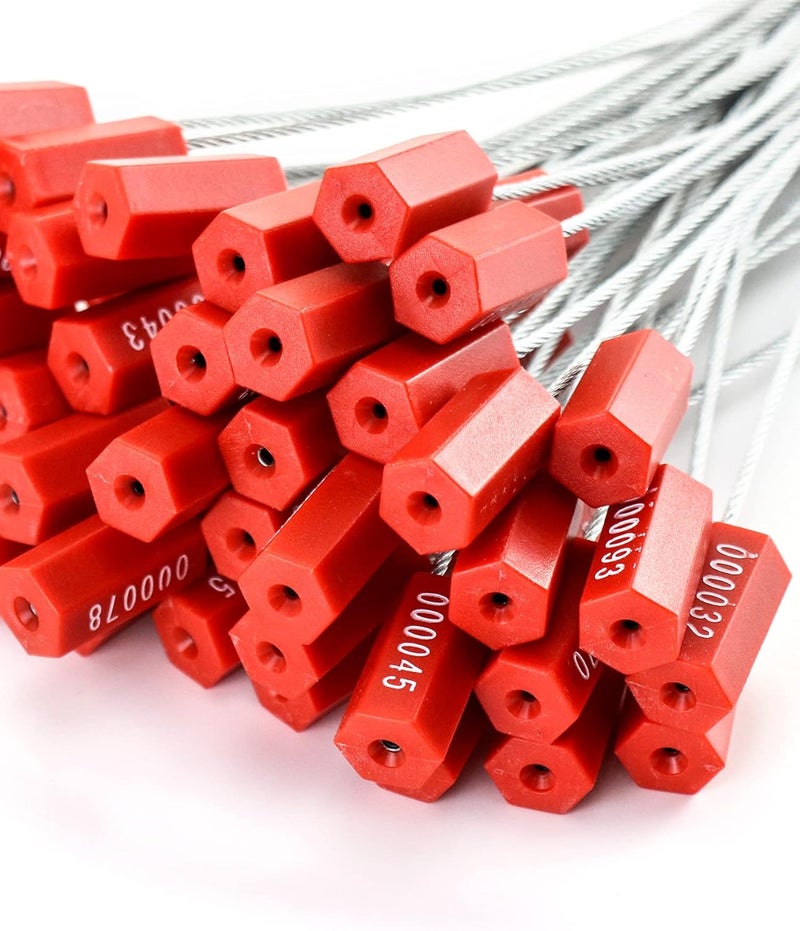 QWORK Steel Security Cable Wire Seals, Anti-Tamper Security Tags, Numbered, Red, Pack of 50pcs – Adjustable 11.8" Length - Image 2