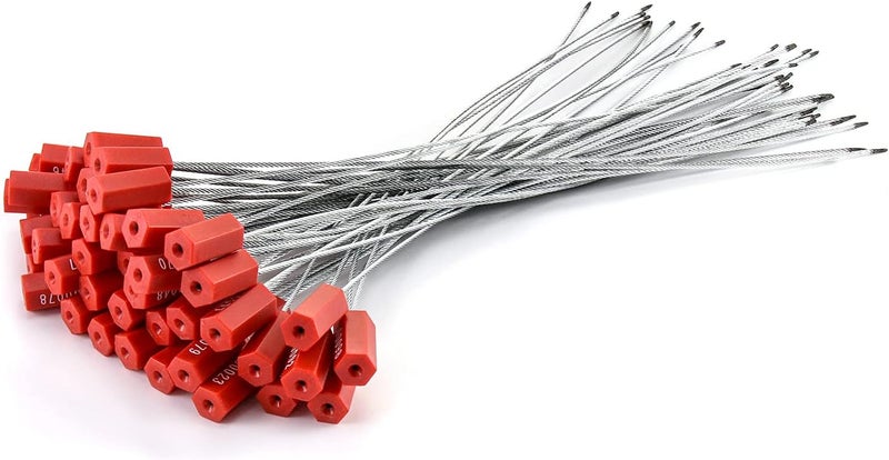 QWORK Steel Security Cable Wire Seals, Anti-Tamper Security Tags, Numbered, Red, Pack of 50pcs – Adjustable 11.8" Length - Image 1
