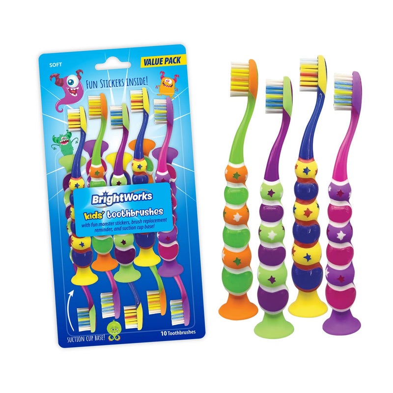BrightWorks Kids Suction Cup Toothbrushes 10Pack Soft Bristles with Bonus Fun Monster Stickers Childrens Size Vibrant Multiple Colors