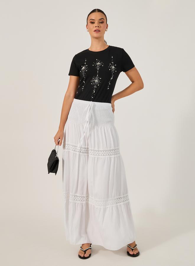 Styli Styli Lace Insert Smocked Waist Tiered Maxi Skirt  - Image 1