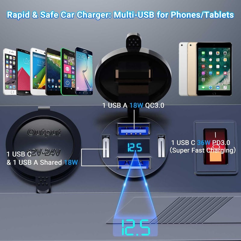 مقبس 12 فولت 12 فولت 15 أمبير | مقبس ولاعة السجائر 4 منافذ USB (2A+2C) مقسم ولاعة سجائر ثلاثي الاتجاهات كابل 3 متر مقبس مدمج 12 فولت محطة شحن للمقعد الخلفي بدون تلف الكابل - Image 4