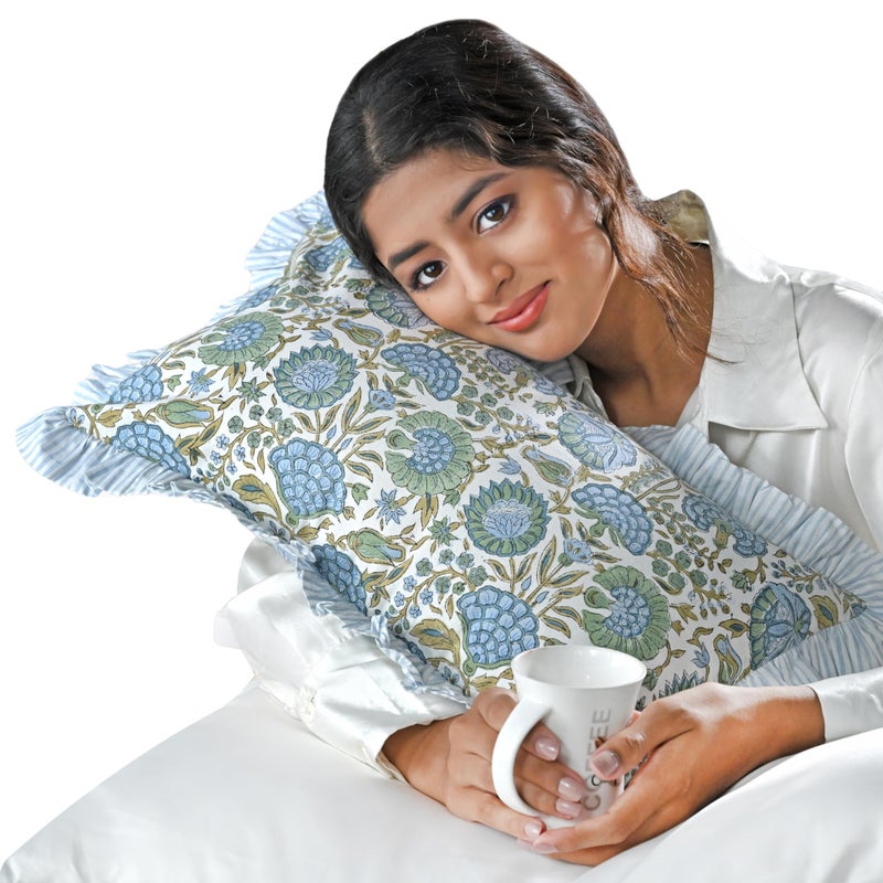 Ridhi Asparagus Green 100% Cotton Block Print Ruffle Sham Cover Handmade Boho Floral Pillowcase, Farmhouse Cottagecore Bedding, Soft Decorative Cushion Cover for Bedroom Décor 12 x 20 Inch - Image 1