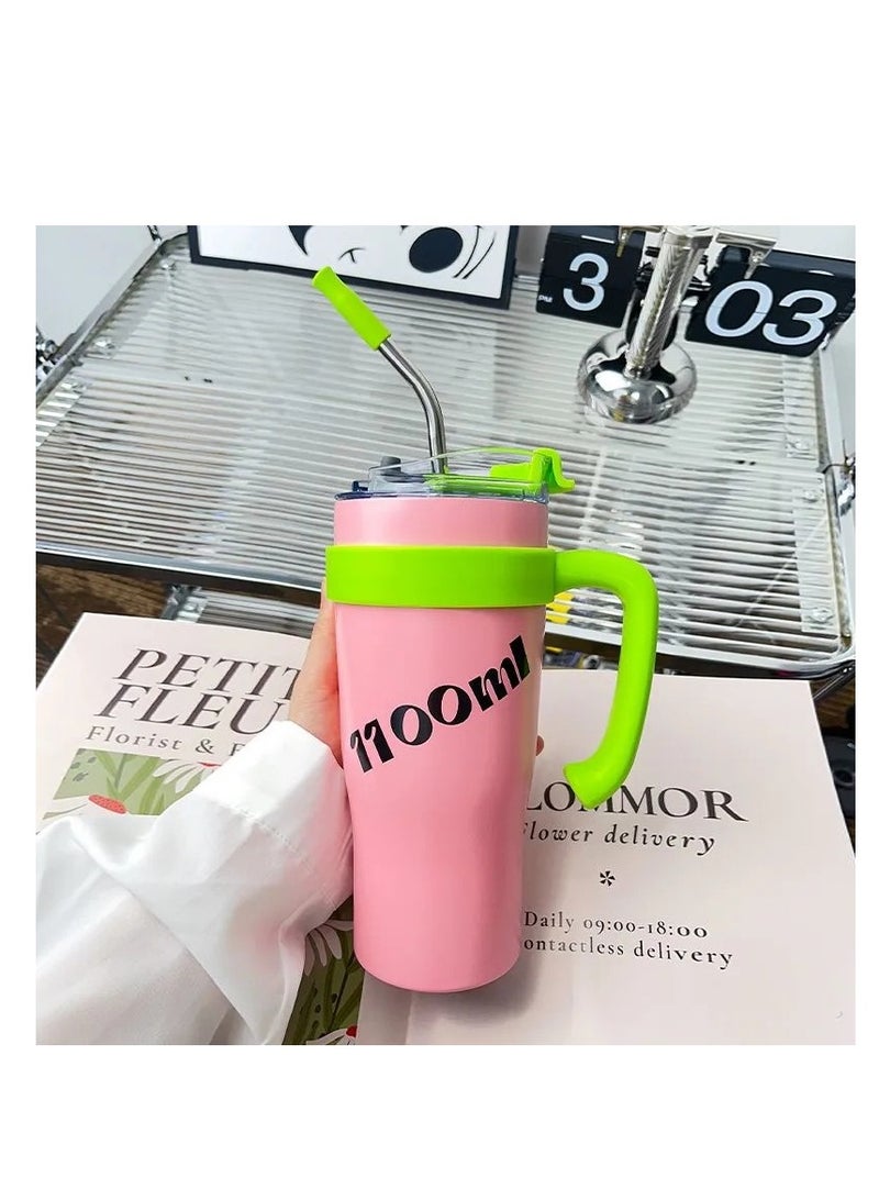 general Insulated cup, simple stainless steel portable water cup, popular fashion item, delicate and complex niche cup, suitable for work, office, leisure, large capacity - Pink (1100 ml)