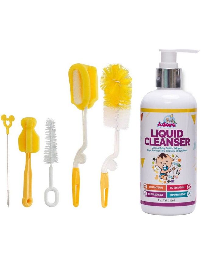 Adore Bottle Nipple And Straw Cleaning Kit Pack Of 5 Multi Color & Liquid Cleanser Feeding Bottle Cleaner Brush Cleanser For Baby Bottles Nipples Accessories And Toys300Ml (Cleaning Brush Kit + Cleanser) - Image 1
