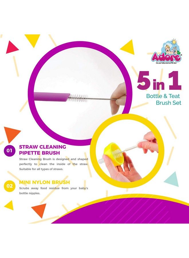 Adore Bottle Nipple And Straw Cleaning Kit Pack Of 5 Multi Color & Liquid Cleanser Feeding Bottle Cleaner Brush Cleanser For Baby Bottles Nipples Accessories And Toys300Ml (Cleaning Brush Kit + Cleanser) - Image 3