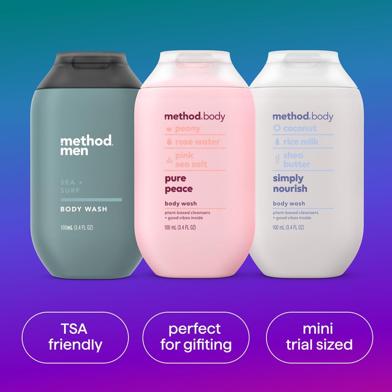 Method مجموعة هدايا غسول الجسم، سلام نقي، تغذية بسيطة و بحر + أمواج، زجاجات بحجم سفر 3.4 أونصة - Image 4