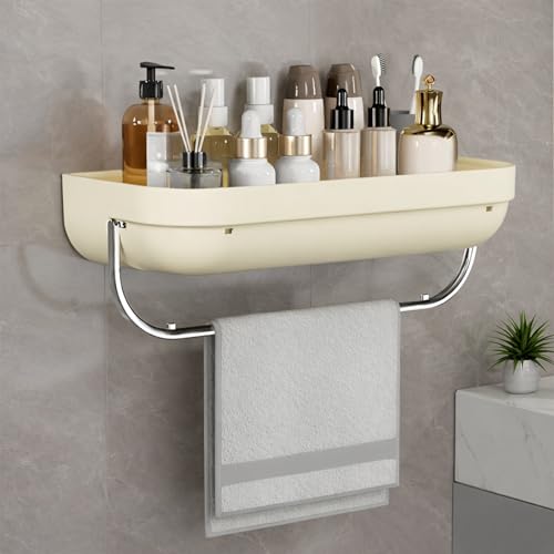 KREPS Bathroom Shelf Organizer,Self Adhesive No Drill Shower Shelf Easy Installation, Wall Mounted Shelf, with Towel Napkin Holder with Hook,Used for Bathroom and Kitchen (Cream, Flat) - Image 1
