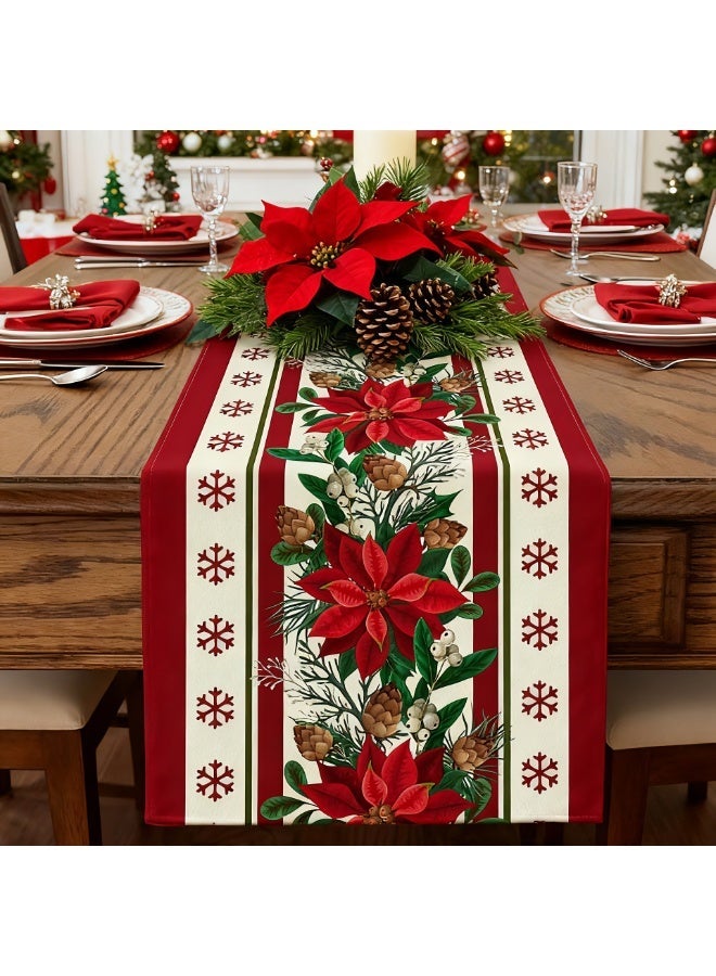عيد الميلاد سعيد الجدول الجاري 183 × 33 سم,الكتان عيد الميلاد الجدول الجاري مع الزهرة الحمراء,رقائق الثلج,موسمي الشتاء عيد الميلاد عطلة المطبخ لتناول الطعام ديكورات عيد الميلاد - Image 3