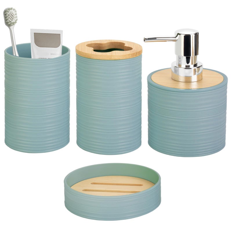 RRM Bathroom Accessory Set, 4 Pcs Plastic Bathroom Set Include Soap Dispenser, Soap Dish, Toothbrush Holder, Mousewash Cup, Modern Bahtroom Décor Set, Space Save for Bathroom(Aqua) - Image 1