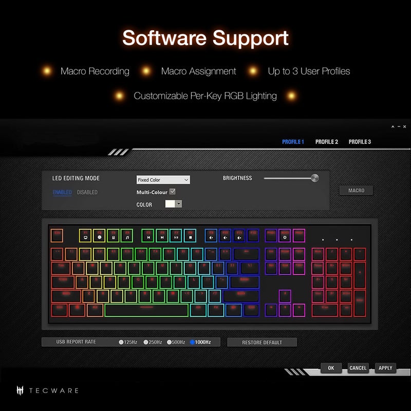 TECWARE Phantom 87 Key RGB Mechanical Gaming Keyboard | Outemu Red Switch | 16.8M Color LED Lighting | 18 Pre-Set | Low Latency | N-Key Rollover | Software Customizable Keys | Wired USB Connection - Image 5