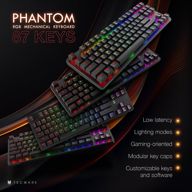 TECWARE Phantom 87 Key RGB Mechanical Gaming Keyboard | Outemu Red Switch | 16.8M Color LED Lighting | 18 Pre-Set | Low Latency | N-Key Rollover | Software Customizable Keys | Wired USB Connection - Image 2