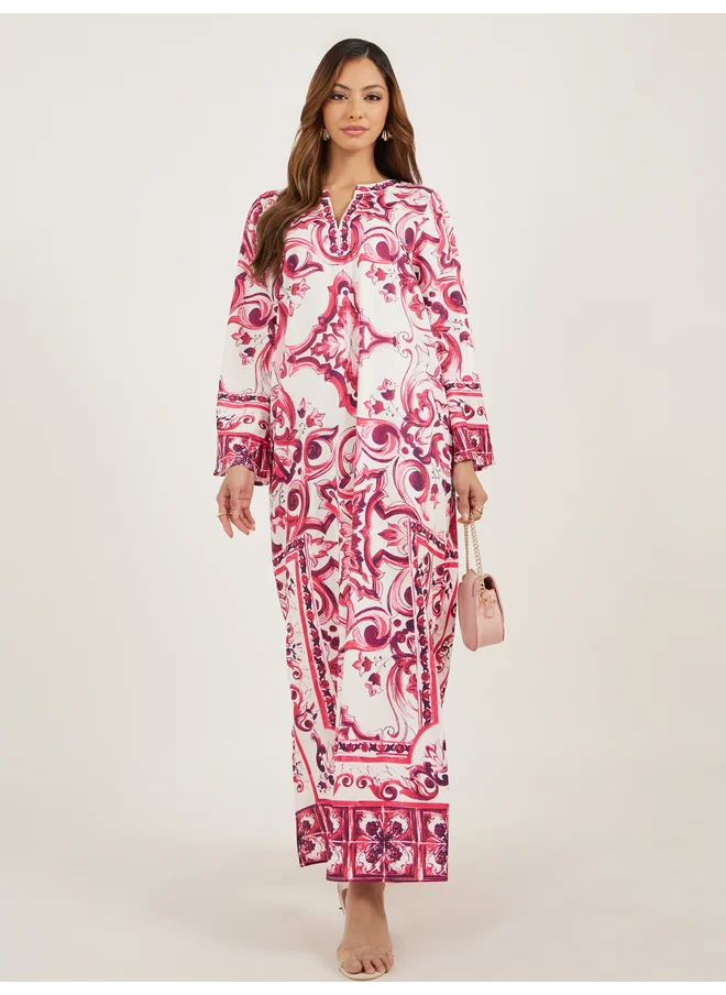 أميرة Amirah All-Over Printed Notch Neck Jalabiya