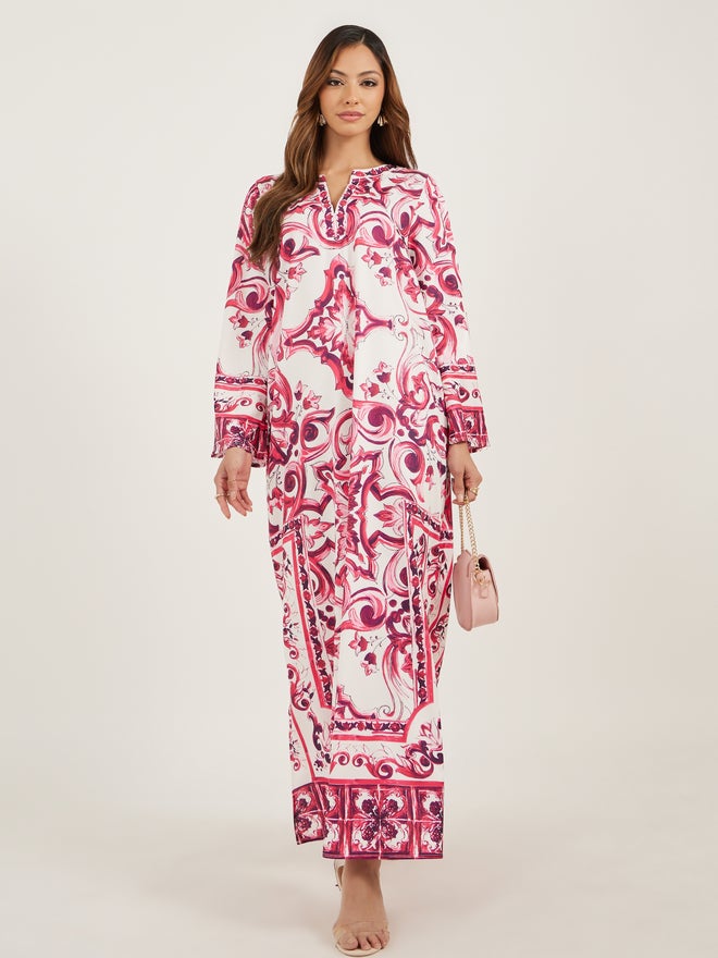 Styli Amirah All-Over Printed Notch Neck Jalabiya  - Image 2