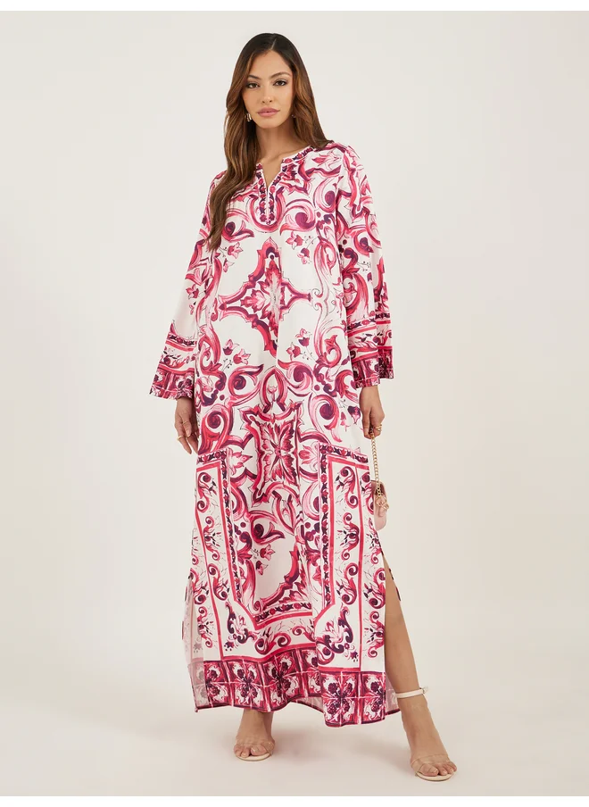 أميرة Amirah All-Over Printed Notch Neck Jalabiya
