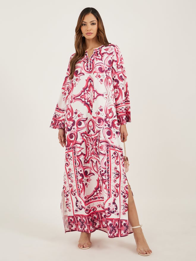 Styli Amirah All-Over Printed Notch Neck Jalabiya  - Image 1