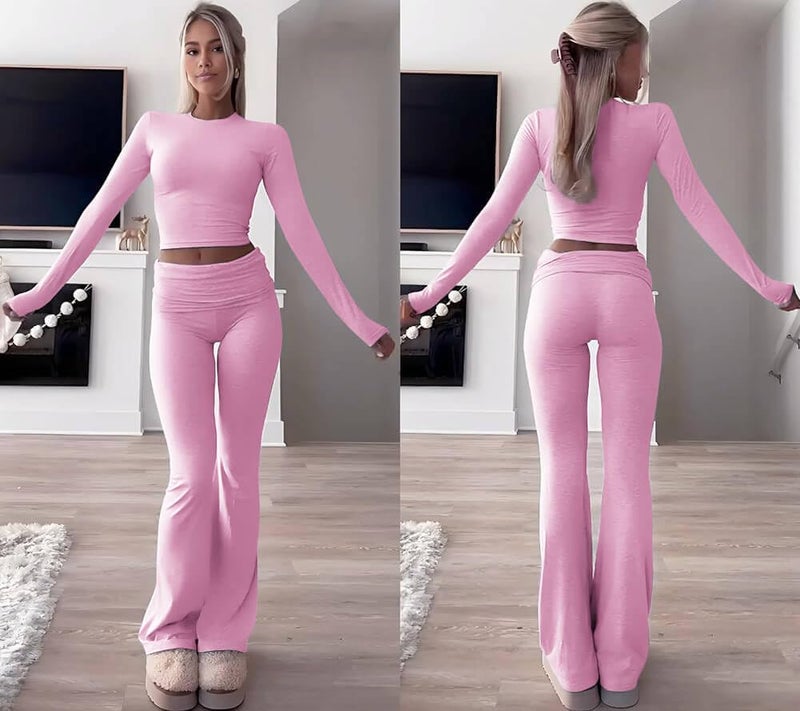 ZFLM Casual Workout Two Piece Outfits Long Sleeve High Waist Fold-Over Flared Leggings Pants Tracksuit Sets Streetwear - Image 2