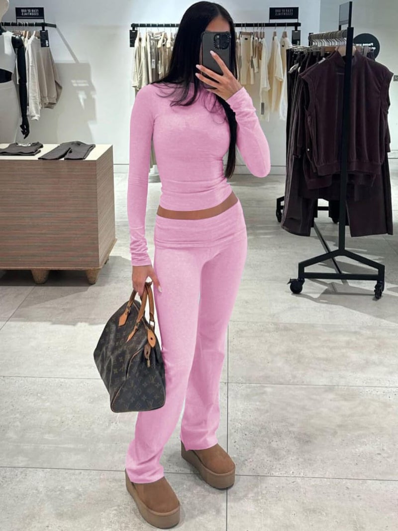 ZFLM Casual Workout Two Piece Outfits Long Sleeve High Waist Fold-Over Flared Leggings Pants Tracksuit Sets Streetwear - Image 1