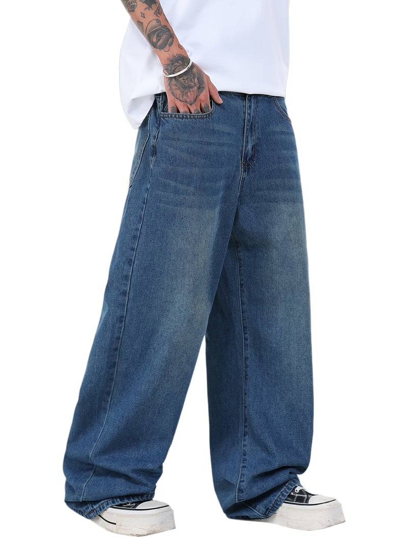 Trendy Versatile Loose Wide-Leg Jeans, Fashionable Frayed Distressed Straight Trousers () - Image 1
